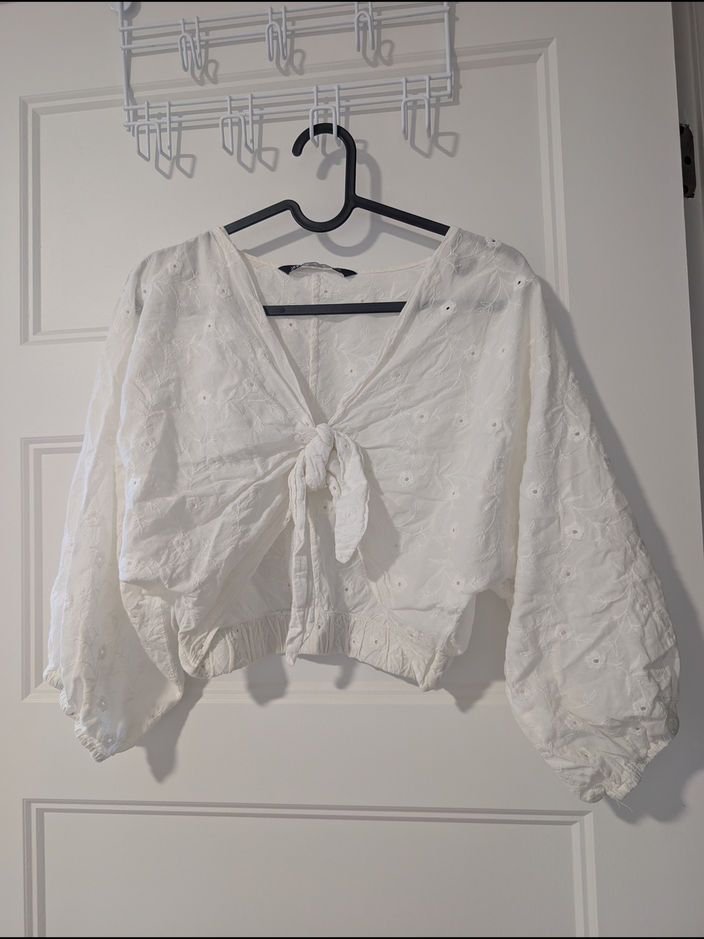 Zara White Eyelet Tie-Front Crop Top